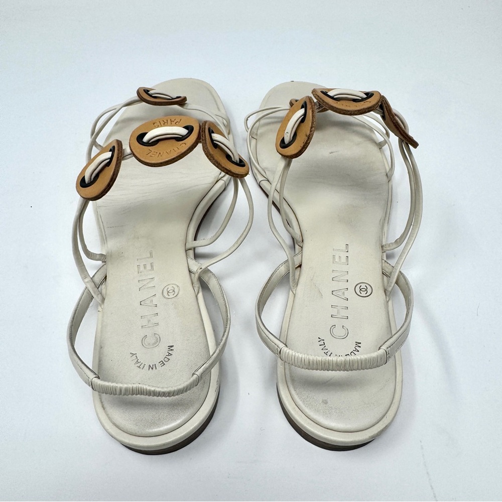 Chanel Flat Thong Sandals Cream with Brown Leather Medallions - Picture 7 of 12